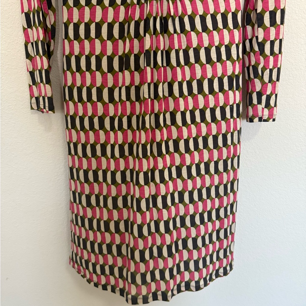 BODEN Geometric Print Long Sleeve Ruched Sheath Dress Size 8 Pink Green White - Picture 6 of 11
